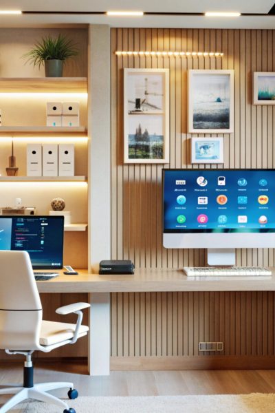 Modern home office with wooden desk, shelves, and a large window.