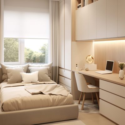 Modern creamy style,bedroom, platform bed is by the small window, window seat rest area, floor cabinets, with all wall superflat wardrobe, soft furnishings in the space, high-quality photos, UHD --ar 3:4 --stylize 50 --v 5.2 Job ID: 8079d5bf-7131-4f8d-b579-236aeeee0c89
