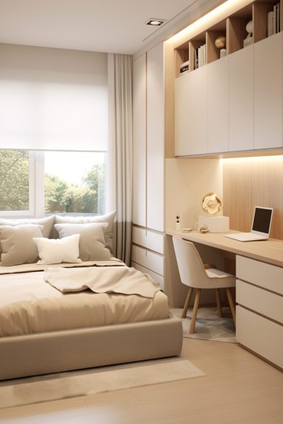 Modern creamy style,bedroom, platform bed is by the small window, window seat rest area, floor cabinets, with all wall superflat wardrobe, soft furnishings in the space, high-quality photos, UHD --ar 3:4 --stylize 50 --v 5.2 Job ID: 8079d5bf-7131-4f8d-b579-236aeeee0c89