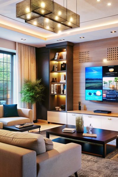 Modern living room with large TV and sectional sofa.